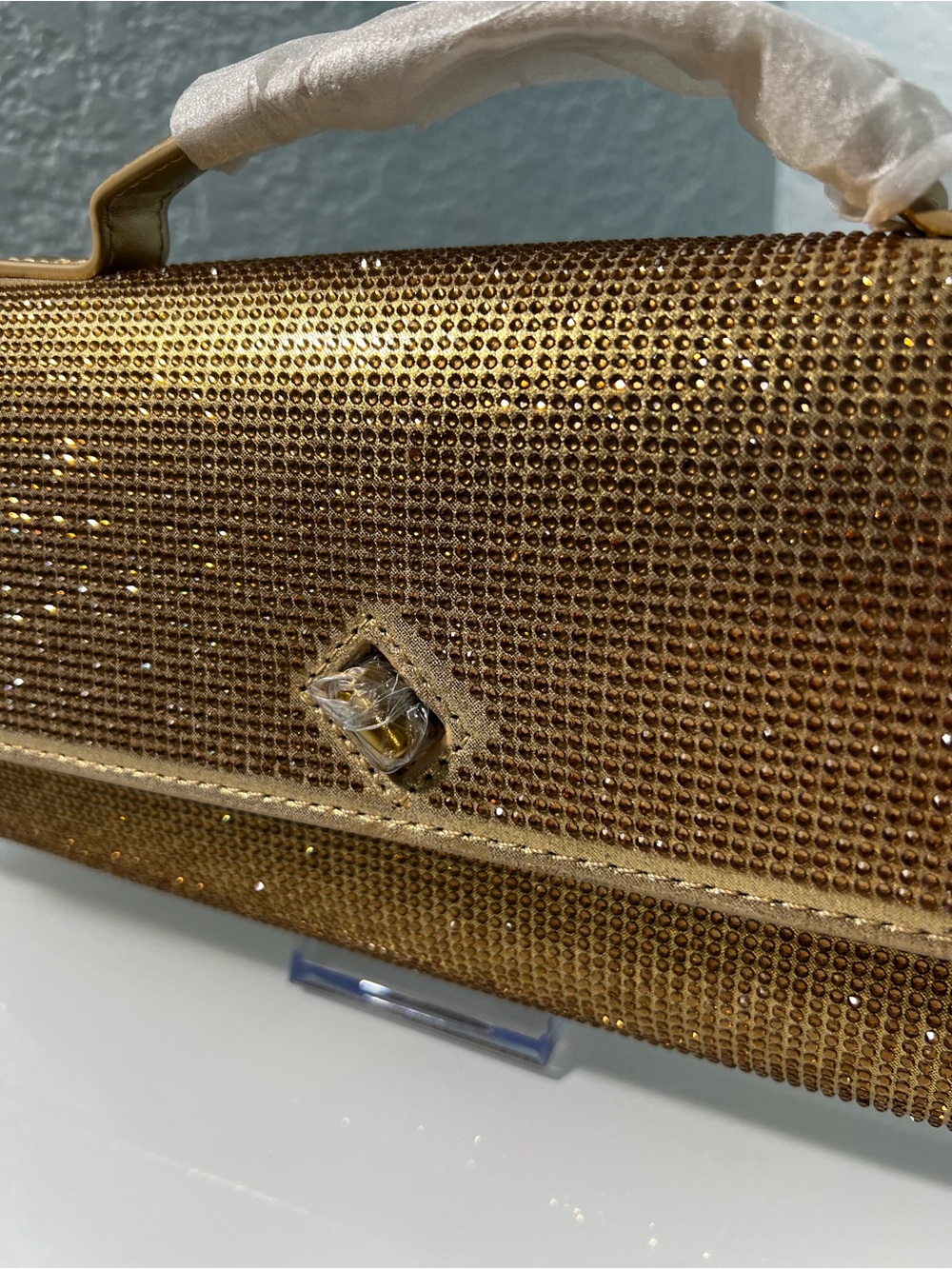 Gold Rhinestone Clutch Handbag purse elegant elongated evening bag crossbody - Picture 3 of 13